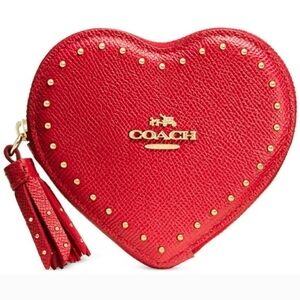 Coach Edge Studded Heart Coin Case Zip Close Crossgrain Leather Red Goldtone NWT
